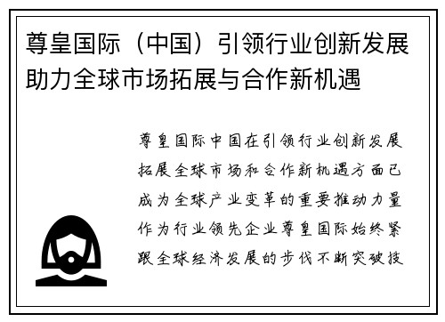 尊皇国际（中国）引领行业创新发展助力全球市场拓展与合作新机遇