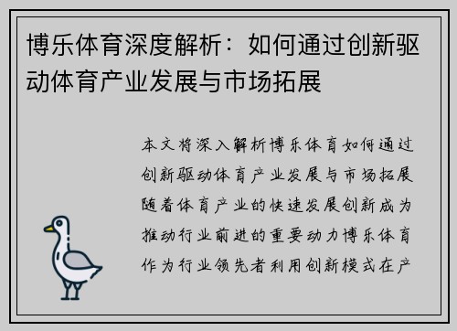博乐体育深度解析：如何通过创新驱动体育产业发展与市场拓展